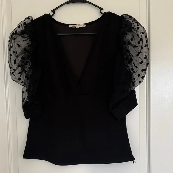 See the Shades Black Top with Sheer Polka Dot Sleeves Sz Large Puff Sleeves - Picture 2 of 9